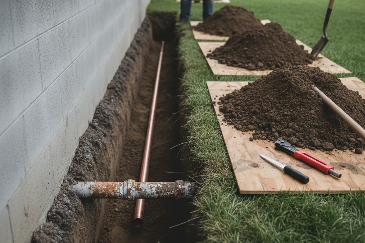 Excavated water line trench during Sewer Line Repair in Blue Ball